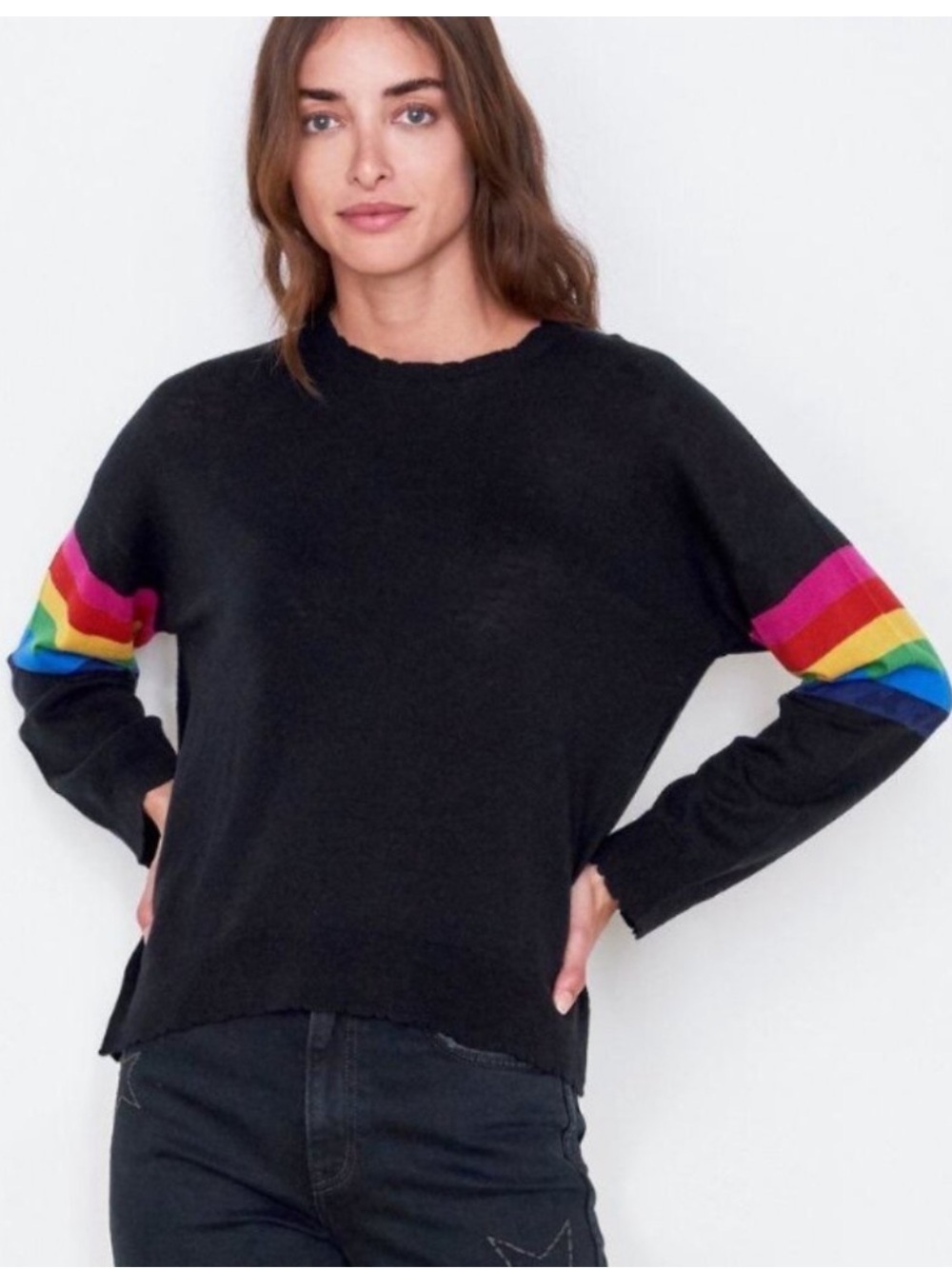 Sundry Black Crew Neck Sweater with Rainbow Stripes